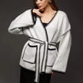 Knitted lace-up cardigan in thick cotton imitation cashmere fabric in camel colour
