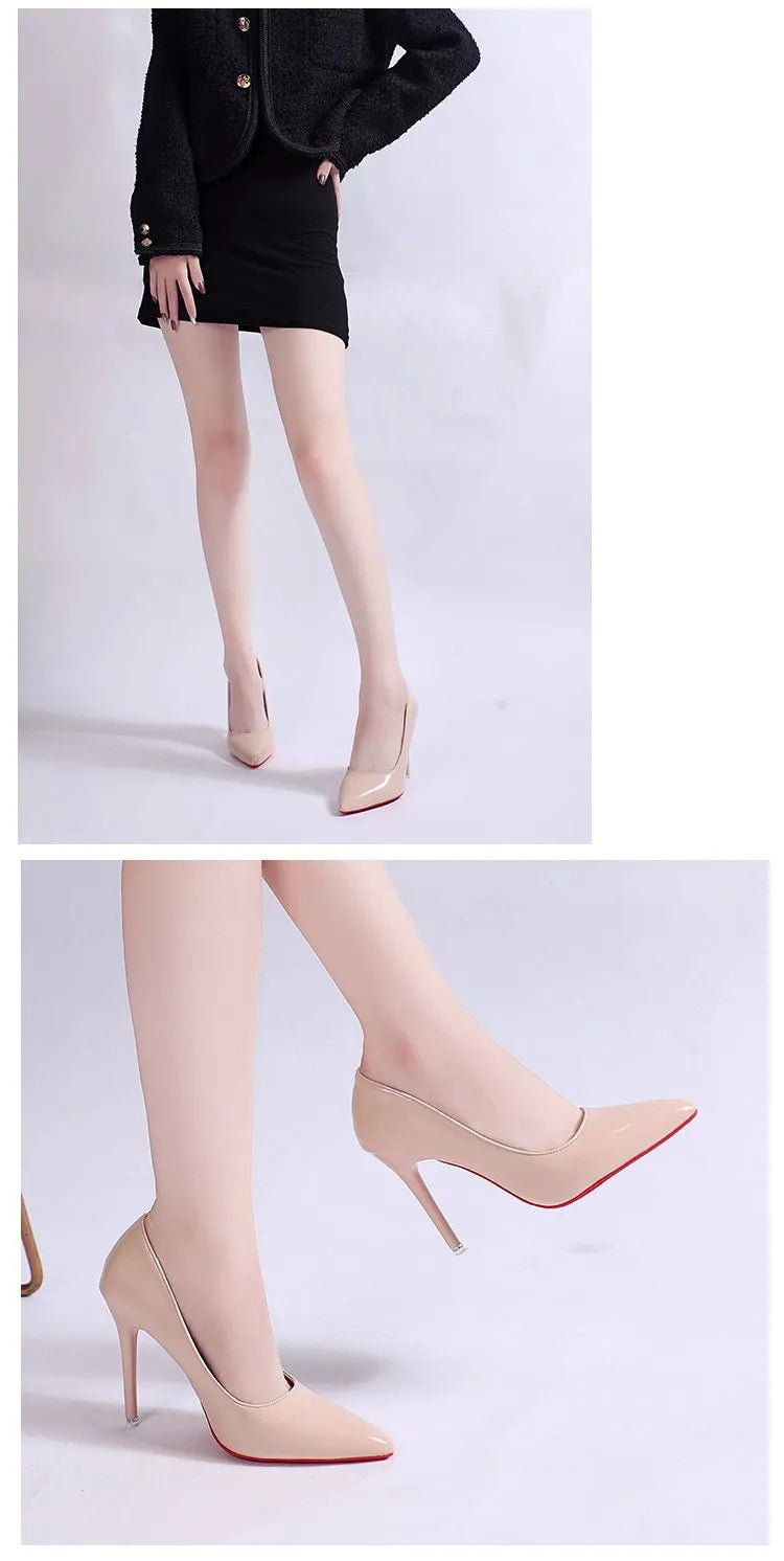 Women's black stiletto heel pump with pointed toe and shallow mouth design on a white background.
