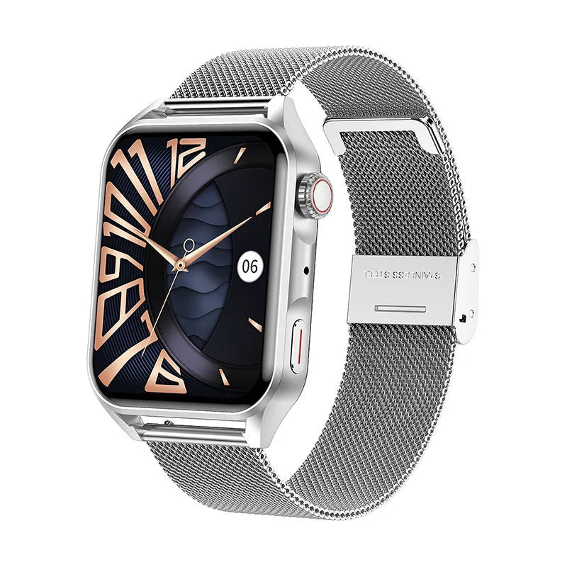 A pink smart watch with a 1.8-inch AMOLED screen on a silicone wrist strap, showing a multi-dial display.