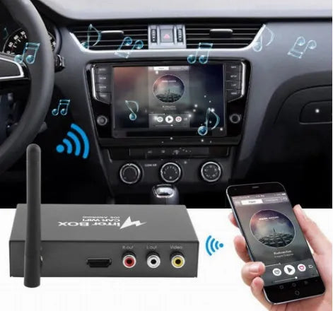 Black car mirror link box with Wi-Fi connectivity for smartphone screen mirroring to car audio systems