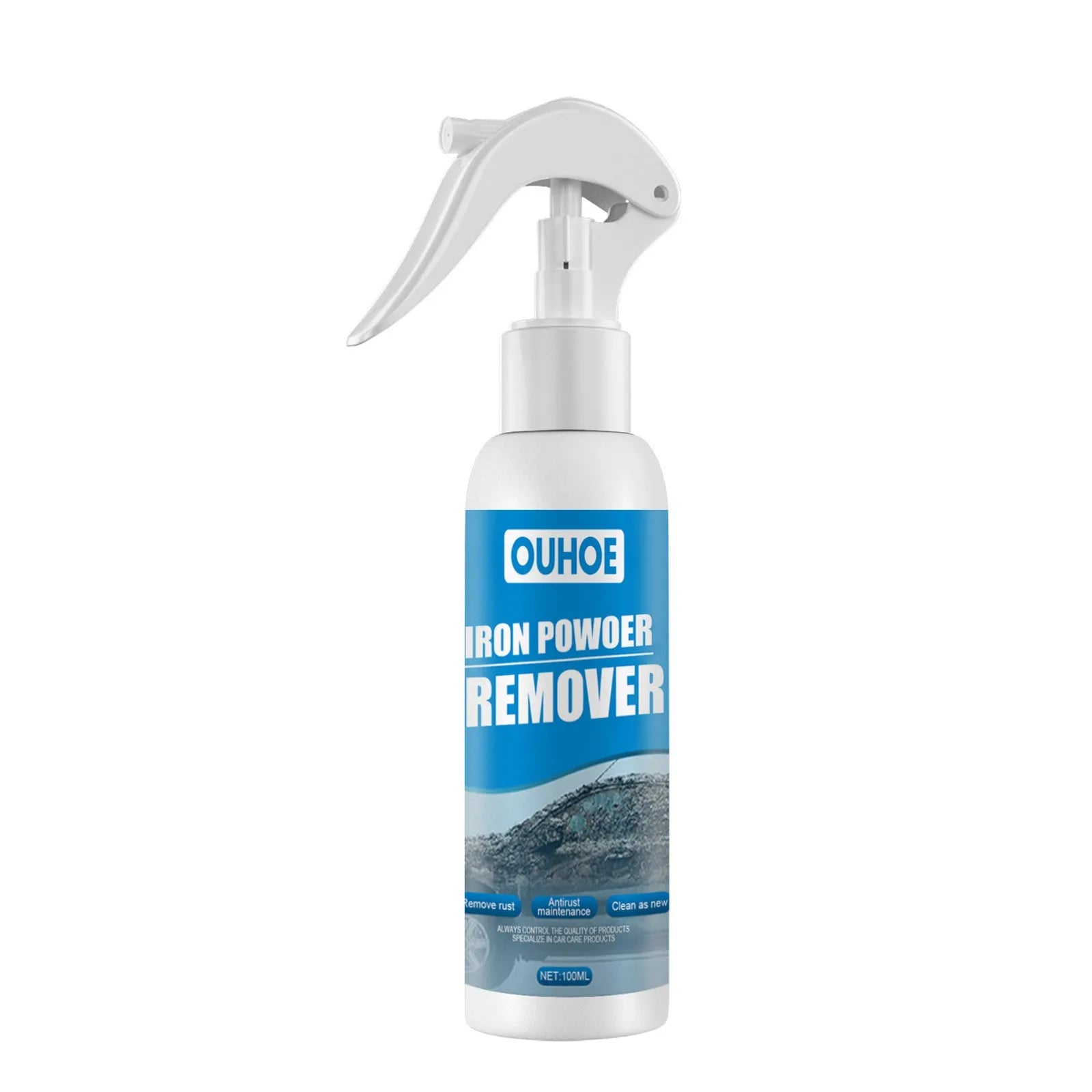Automotive rust remover spray bottle with blue square sponge applicator for car metal surfaces