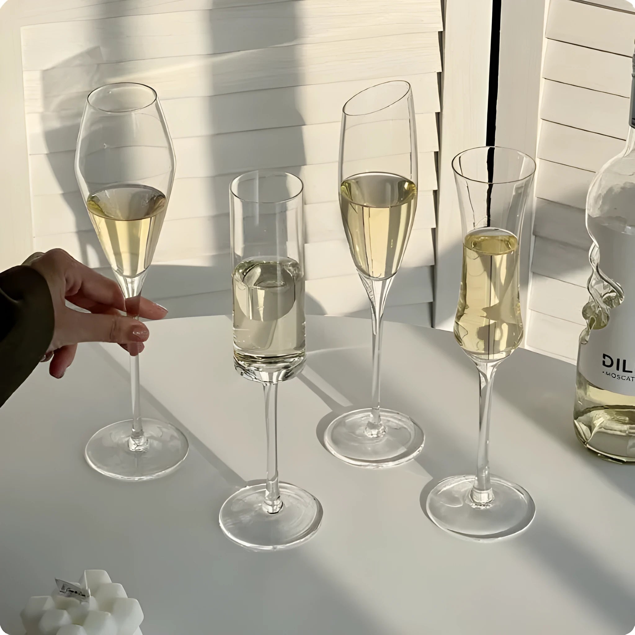 Champagne glasses goblet set with crystal designs including straight tulip waist bevel and flute styles