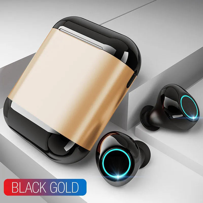 Black True Wireless Stereo Bluetooth earbuds with charging case on a grey background.