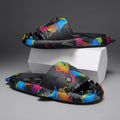 EVA open-toe shark-themed couple slippers in assorted colours on a white background.