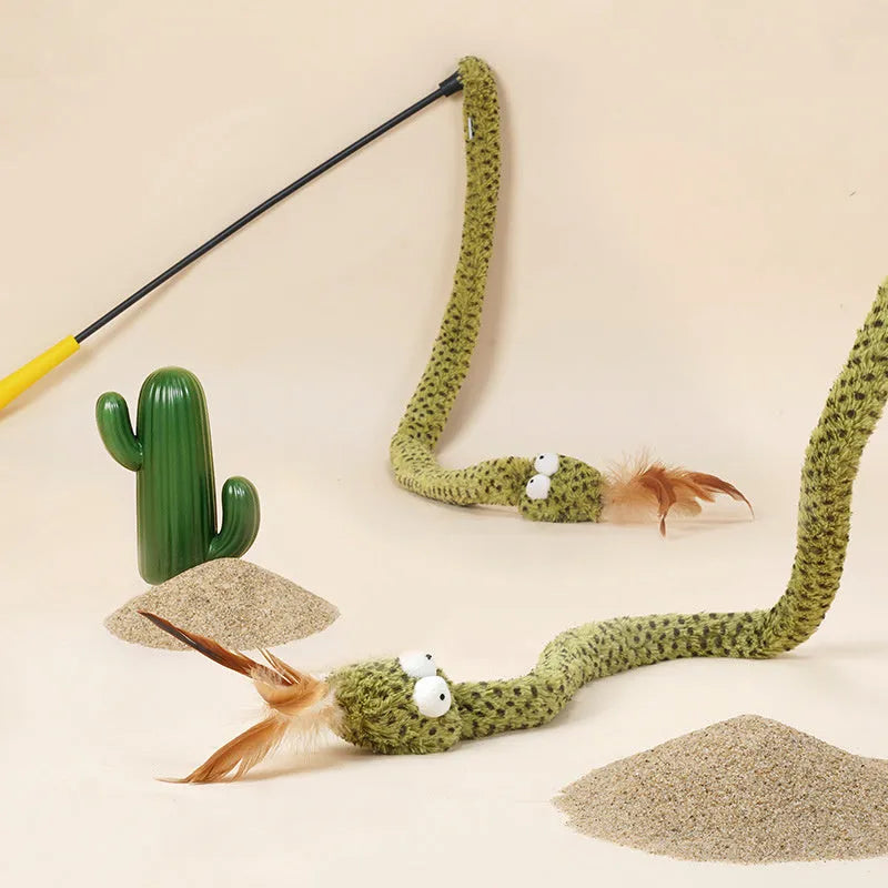 Green snake cat teasing stick with long pole and feather attachments for interactive play