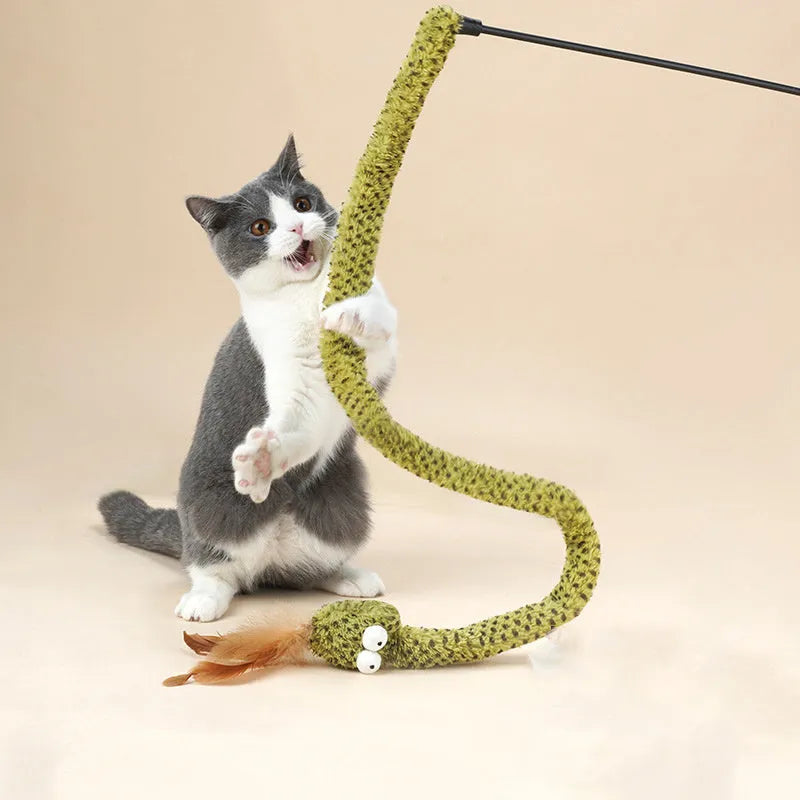 Green snake cat teasing stick with long pole and feather attachments for interactive play