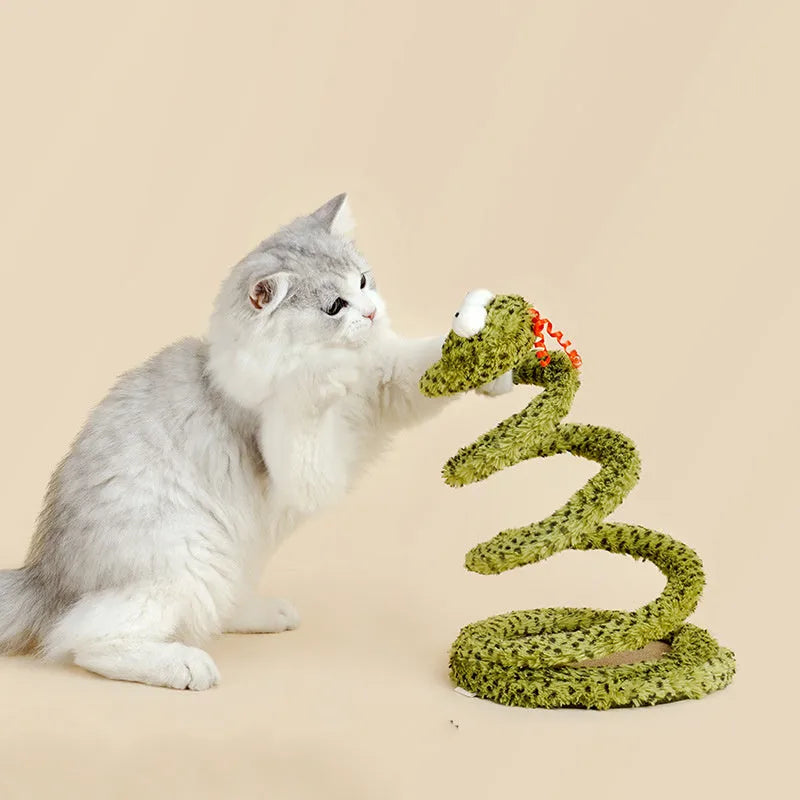 Green snake cat teasing stick with long pole and feather attachments for interactive play