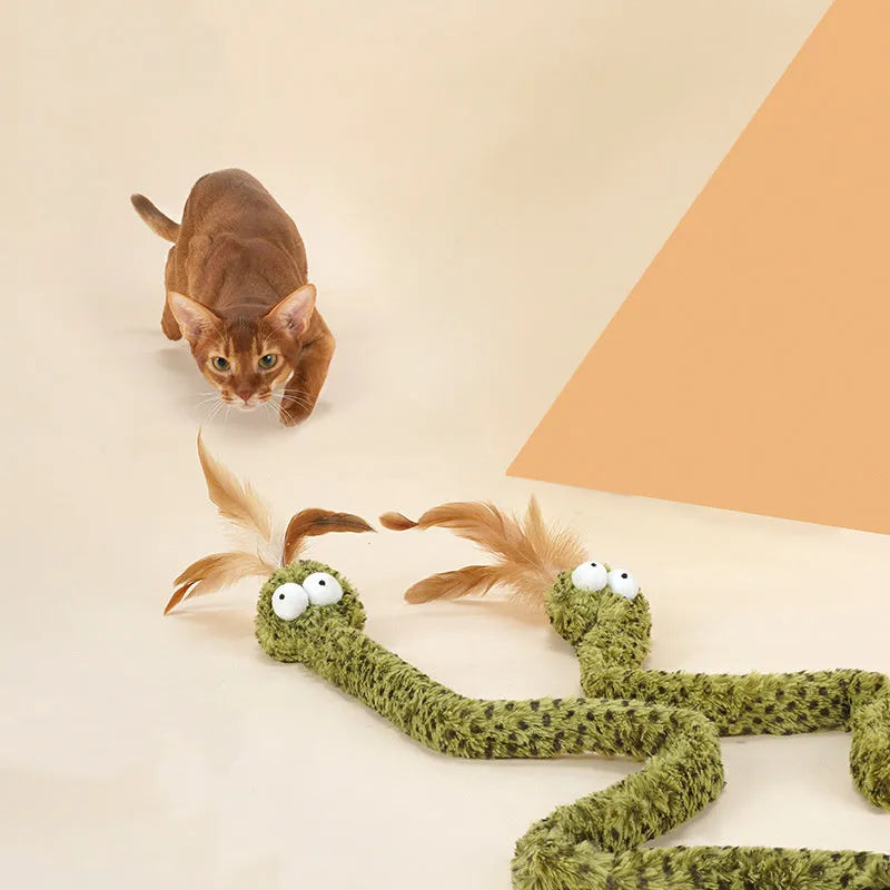 Green snake cat teasing stick with long pole and feather attachments for interactive play