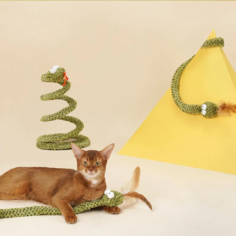 Green snake cat teasing stick with long pole and feather attachments for interactive play