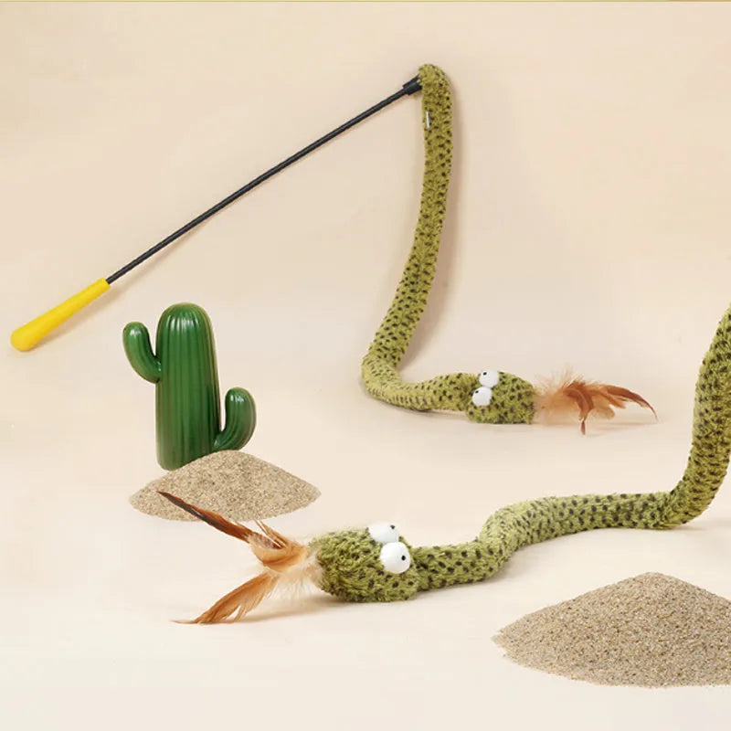 Green snake cat teasing stick with long pole and feather attachments for interactive play