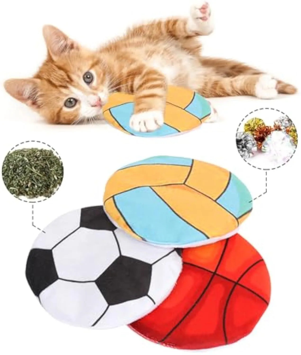 Interactive plush flying disc cat toy with sports ball pattern for indoor cats and kittens