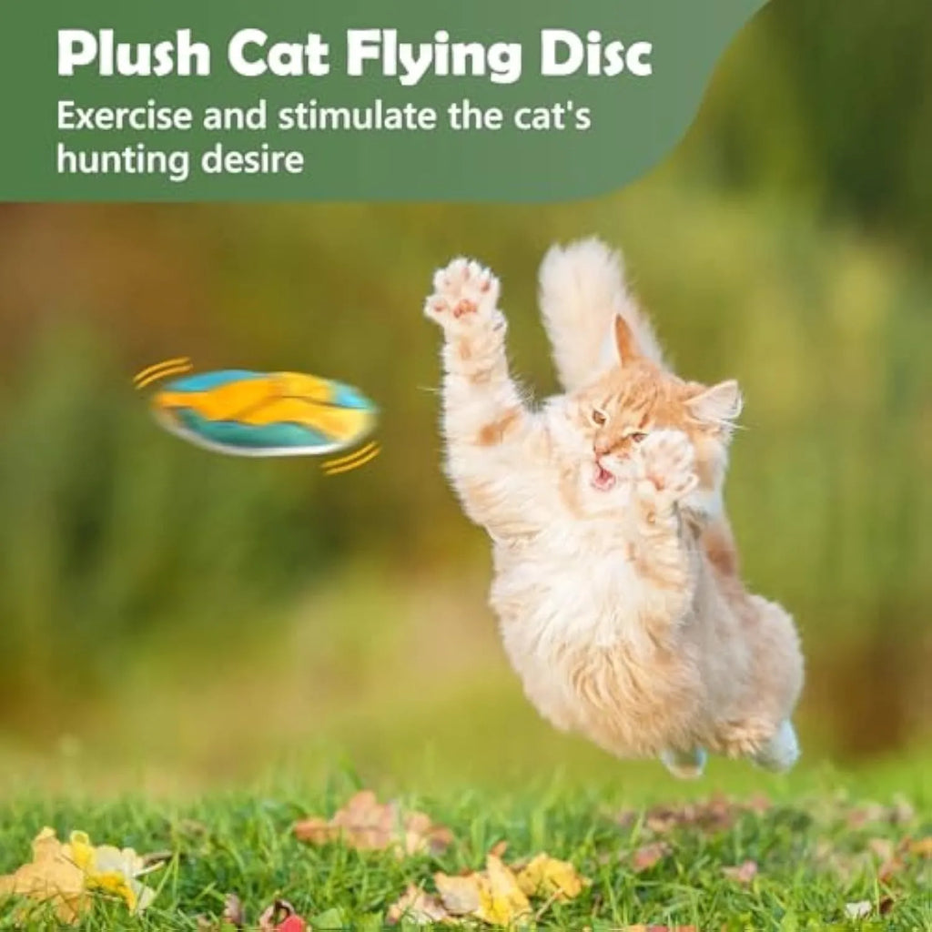 Interactive plush flying disc cat toy with sports ball pattern for indoor cats and kittens