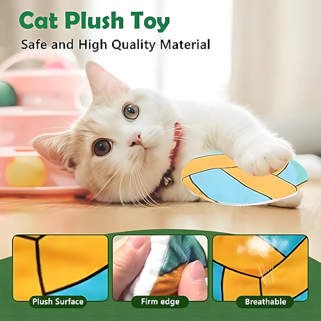 Interactive plush flying disc cat toy with sports ball pattern for indoor cats and kittens