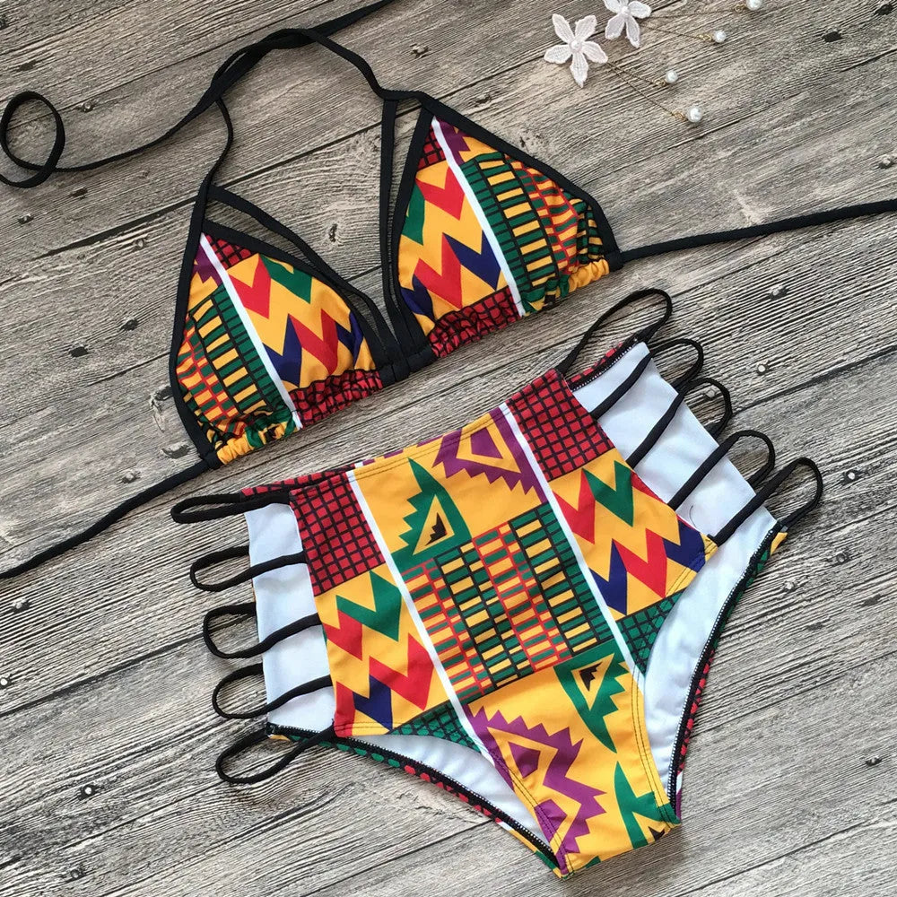 Women's digital print split bikini swimsuit with high-waisted briefs and backless top