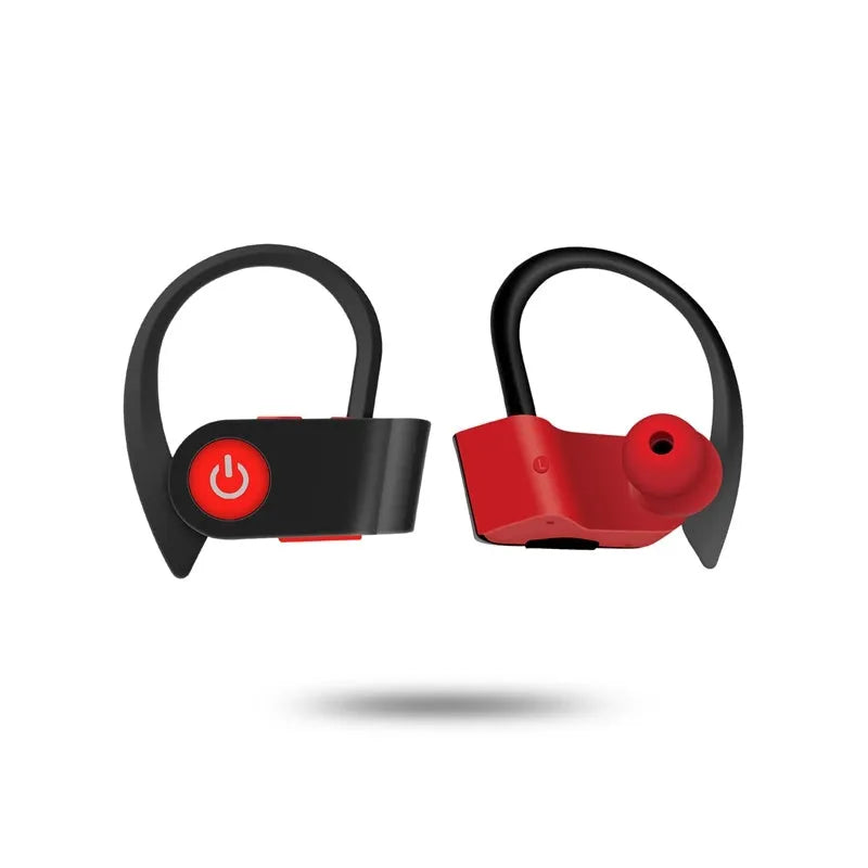 Black, grey, and red wireless Bluetooth earphones with ergonomic design and charging case.