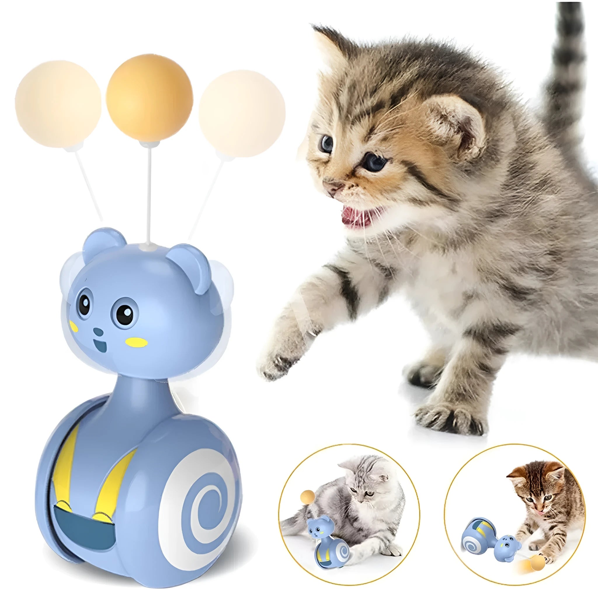 Interactive cat toys with feather wand and rotating ball on rolling tumbler base