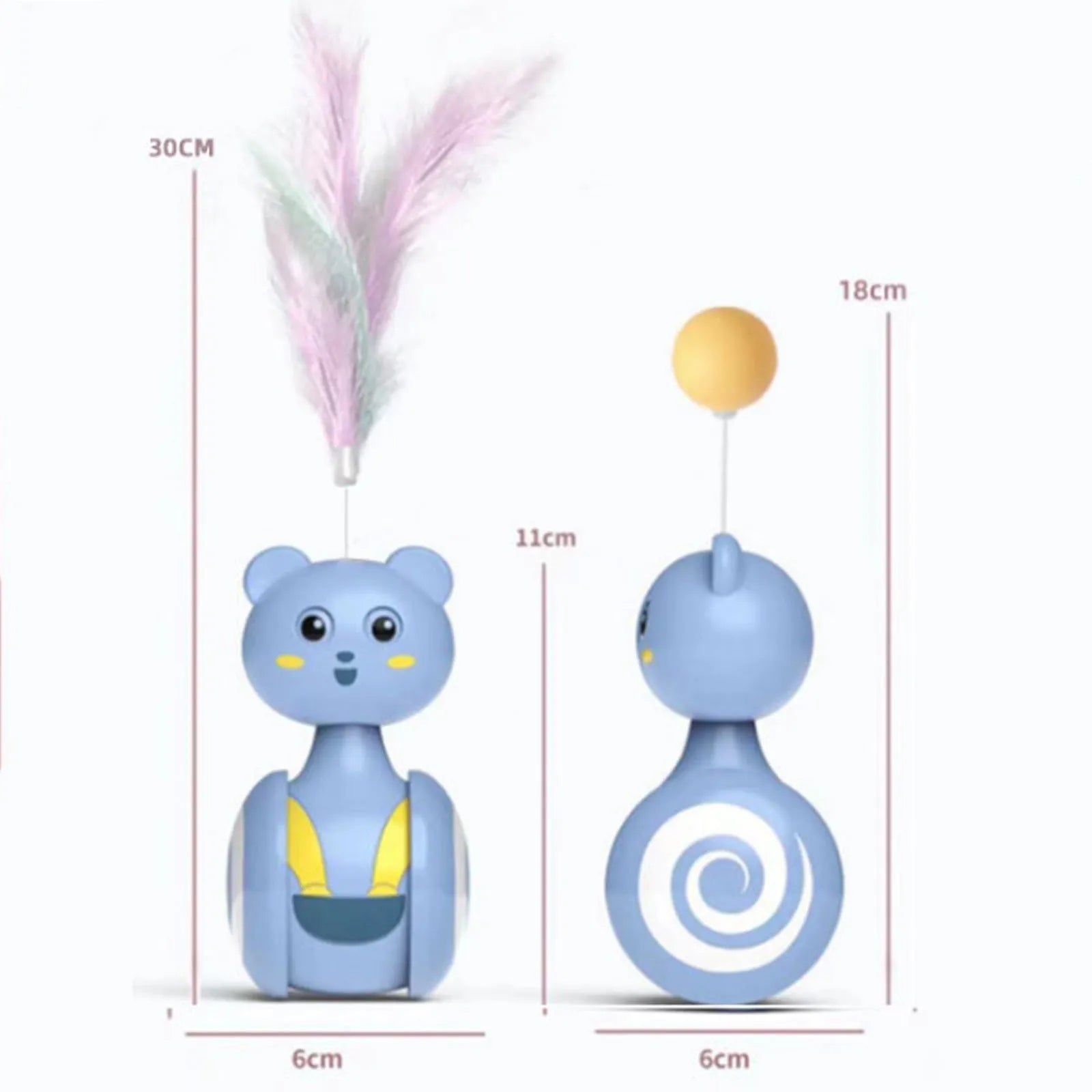 Interactive cat toys with feather wand and rotating ball on rolling tumbler base