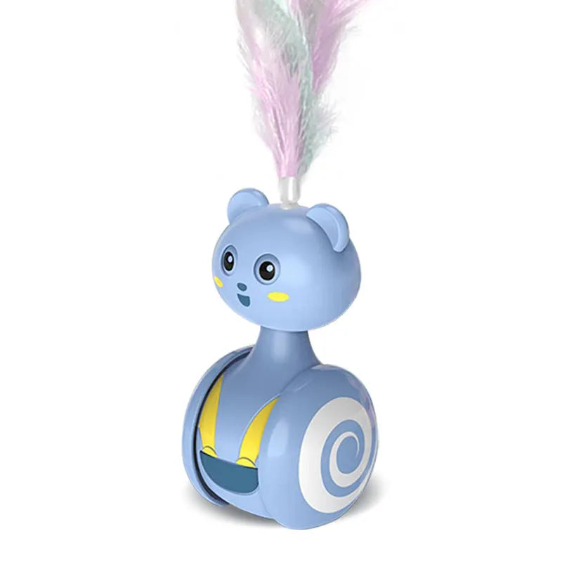 Interactive cat toys with feather wand and rotating ball on rolling tumbler base