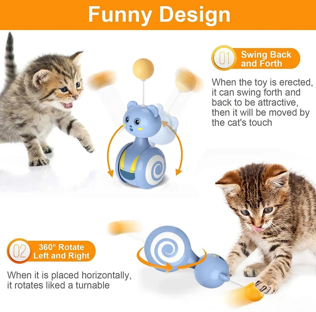 Interactive cat toys with feather wand and rotating ball on rolling tumbler base