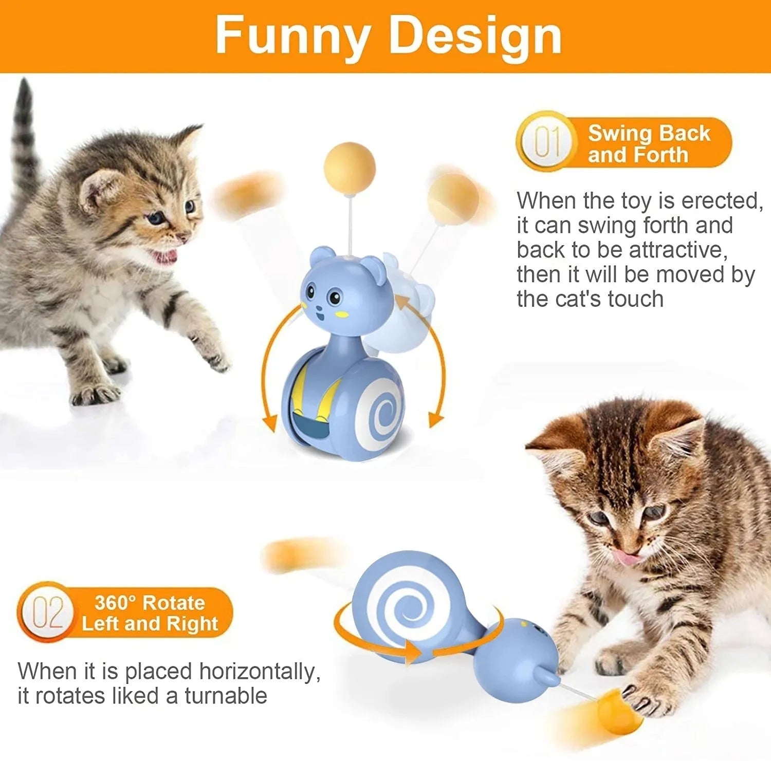 Interactive cat toys with feather wand and rotating ball on rolling tumbler base