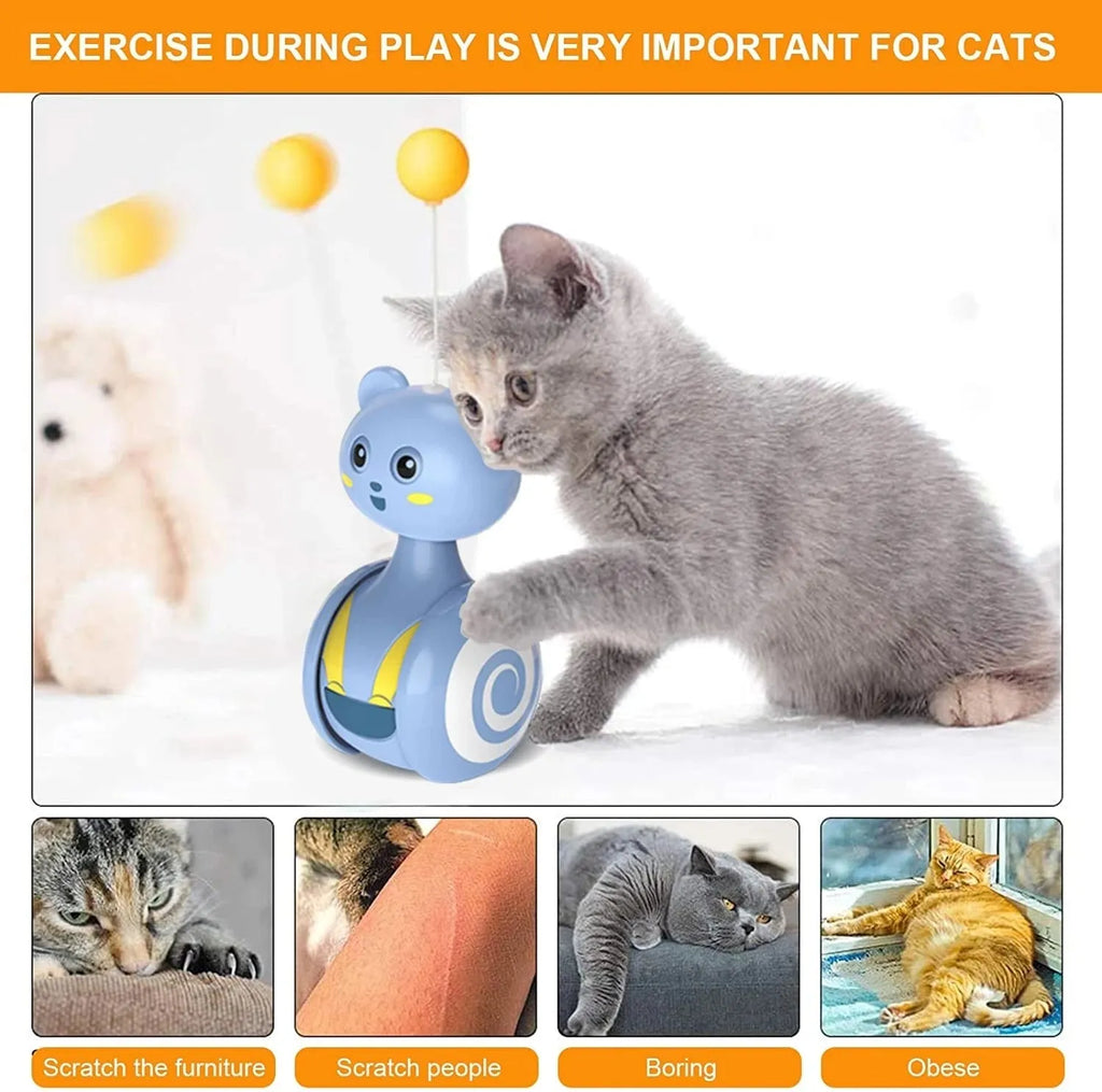Interactive cat toys with feather wand and rotating ball on rolling tumbler base