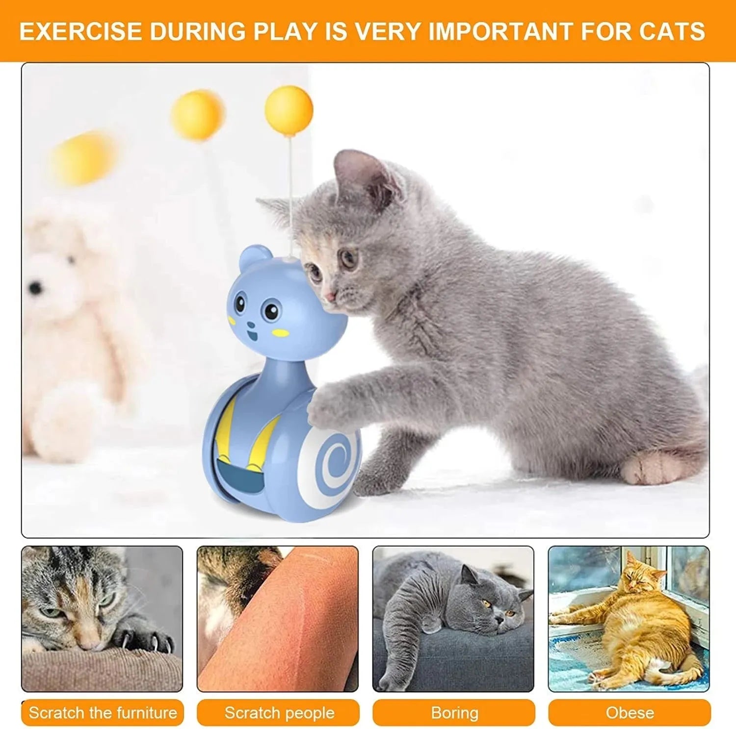 Interactive cat toys with feather wand and rotating ball on rolling tumbler base