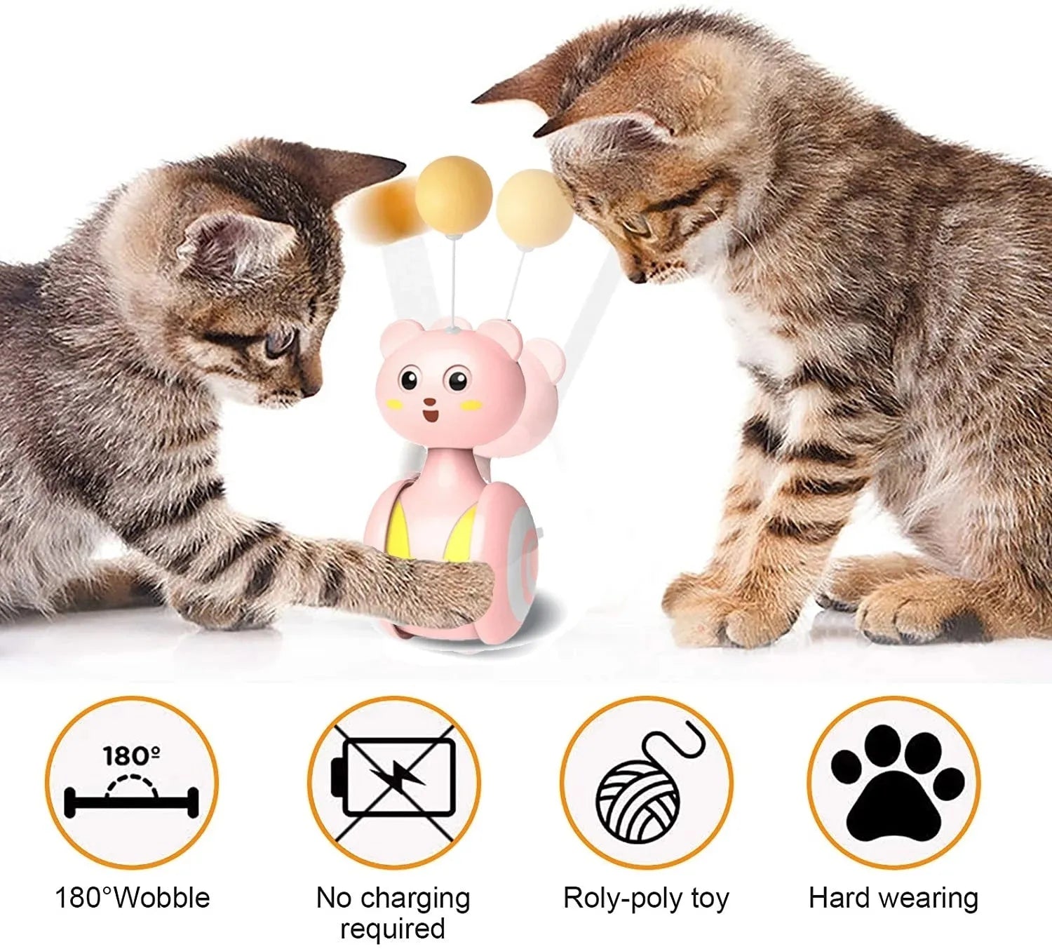 Interactive cat toys with feather wand and rotating ball on rolling tumbler base