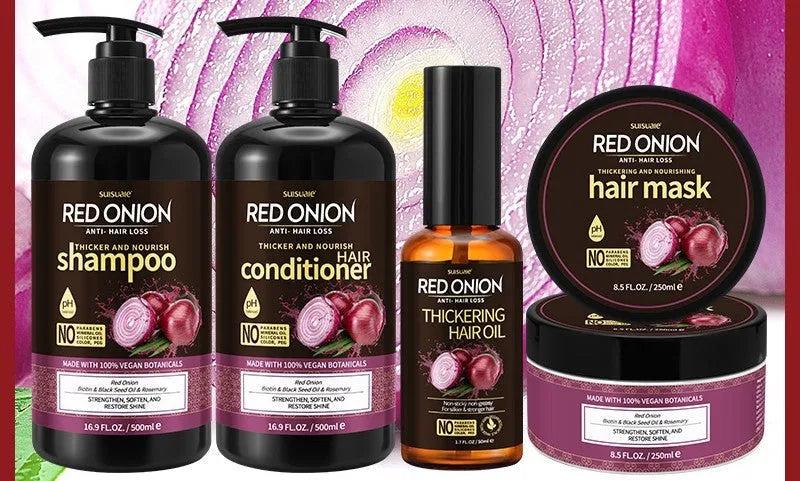 Red Onion Shampoo Conditioner 4-piece set showing shampoo, conditioner, hair mask and essential oil bottles.