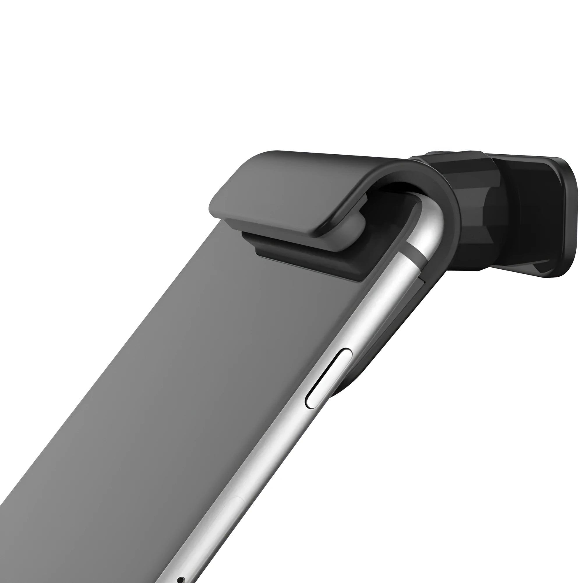 Black car phone holder with 360-degree rotating mechanism mounted on dashboard