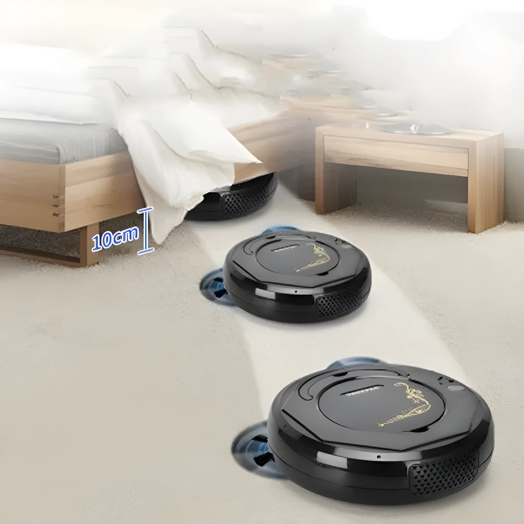 Blue smart robot vacuum cleaner on a wooden floor, showing its dust box and cleaning brush.