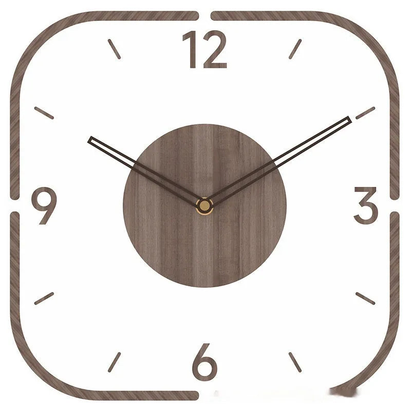 Modern transparent wooden frame wall clock showing 35cm square dimensions on a wall
