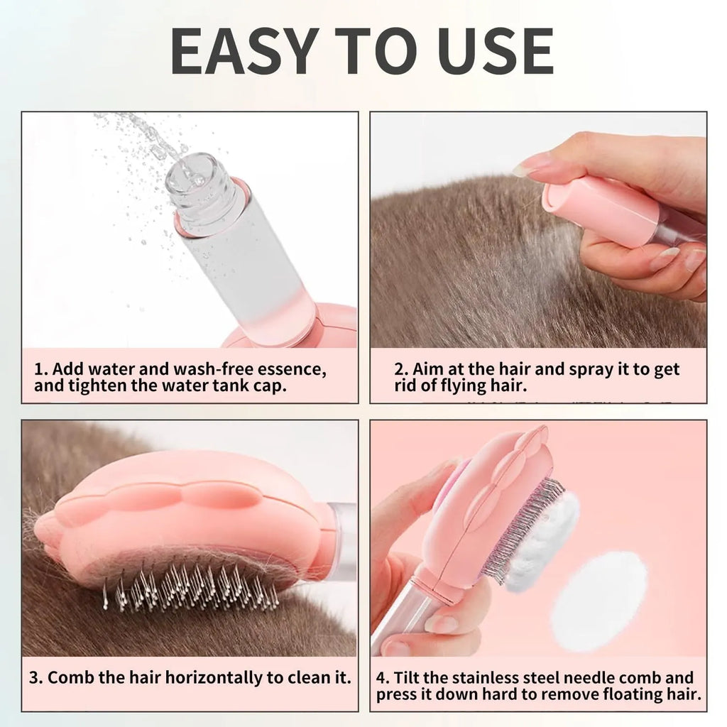 Grey spray cat brush with release button and stainless steel bristles for pet grooming