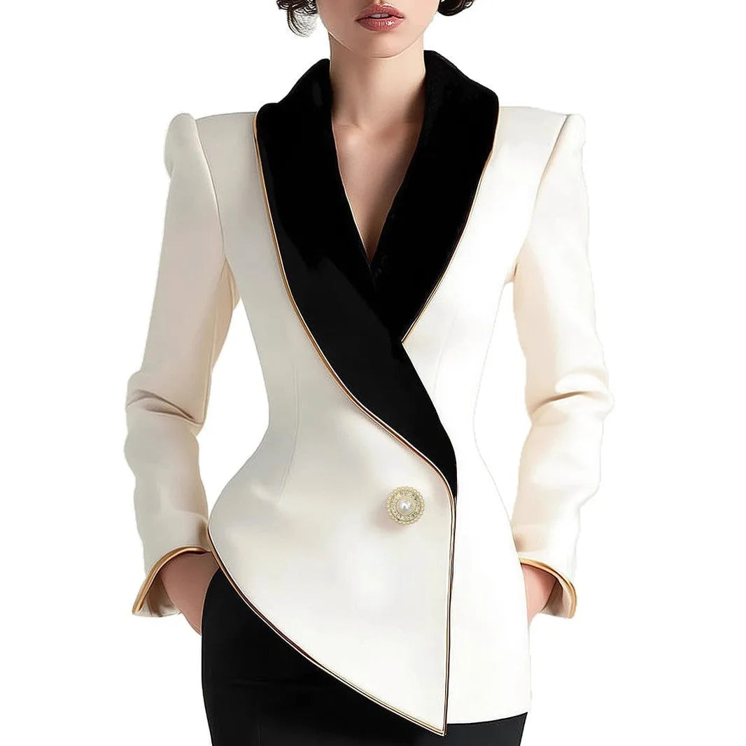 Women's milky white polyester coat with golden edge pearl buttons and irregular hem design