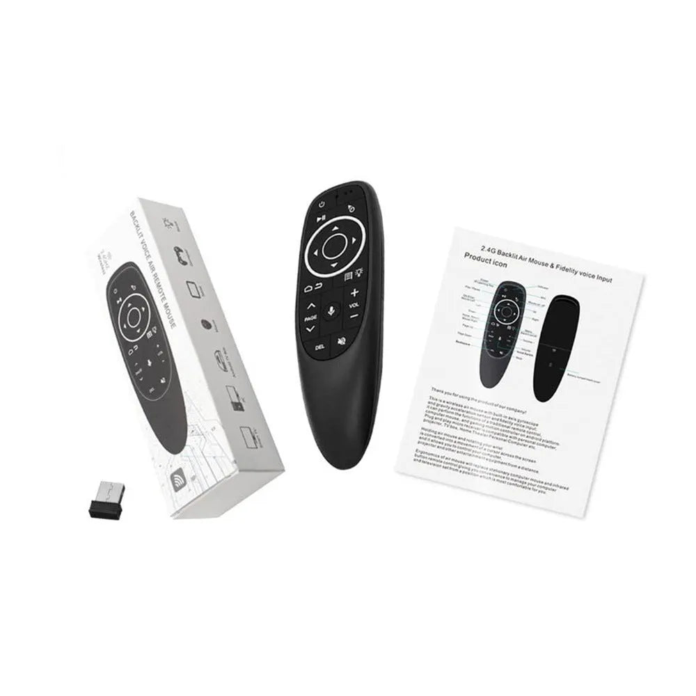 G10 series intelligent voice remote control with plastic shell and silicone buttons.