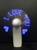 White handheld mini fan with LED I love you pattern in blue and red colours
