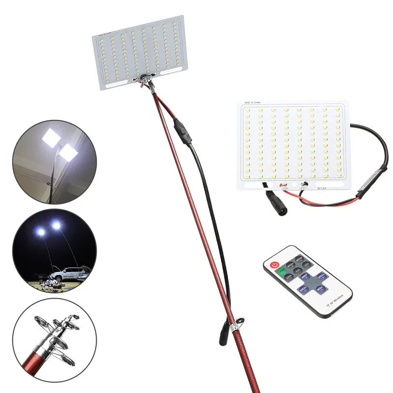 White LED fishing rod light panel on a tall telescopic pole with a remote control.