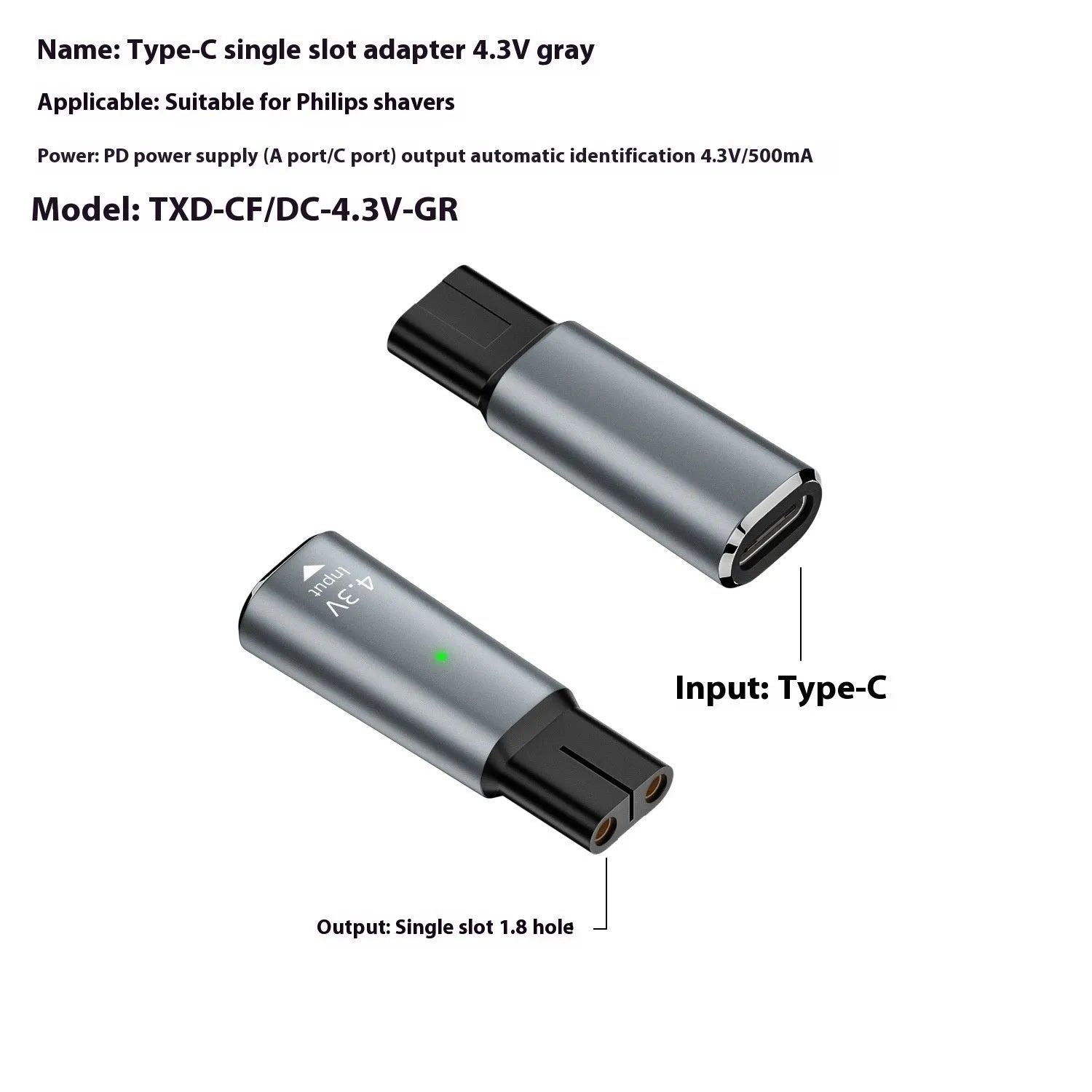 USB C to 4.3V aluminium alloy charging adapter for electric shaver on black or grey background