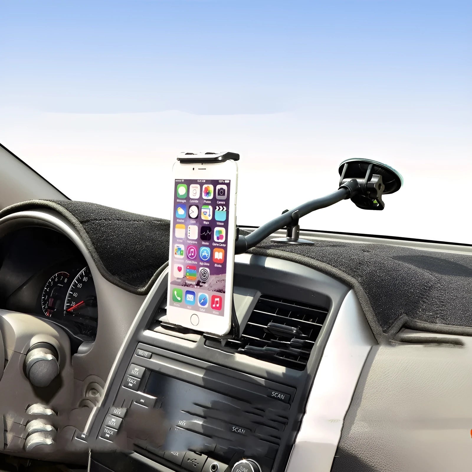 Black vehicle-mounted tablet holder with lifting mechanism and suction cup for 4-12 inch devices