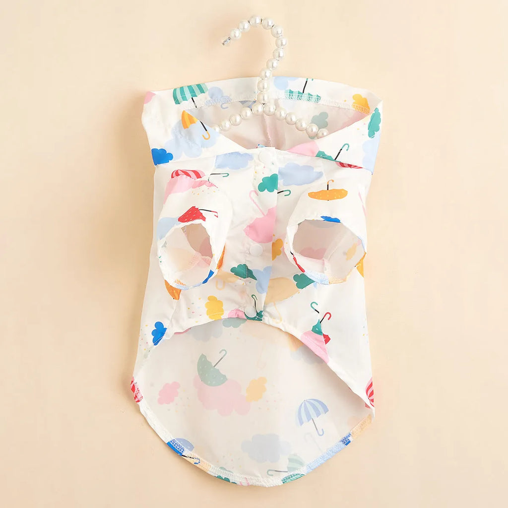 Colourful cartoon umbrella pattern dog raincoat in polyester available in sizes XS to XL