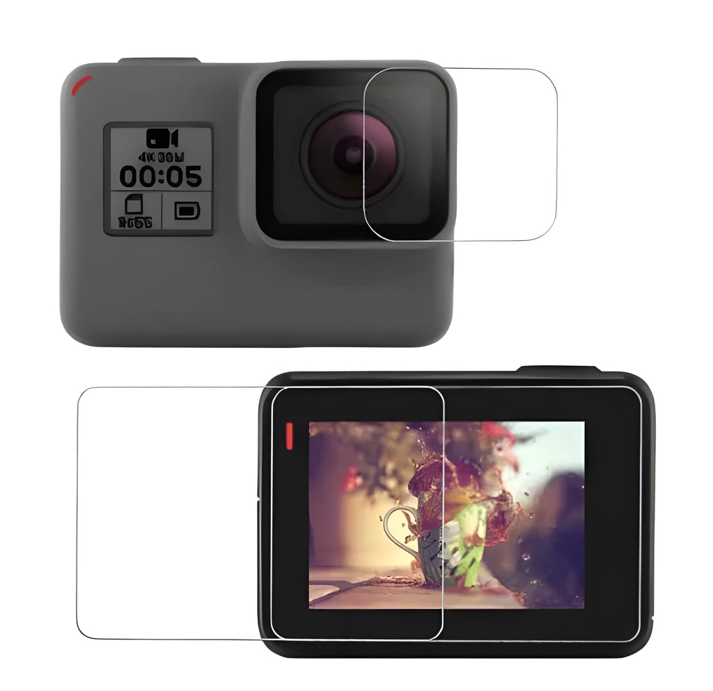 GoPro Hero camera with transparent tempered glass lens protector and LCD screen protector applied.