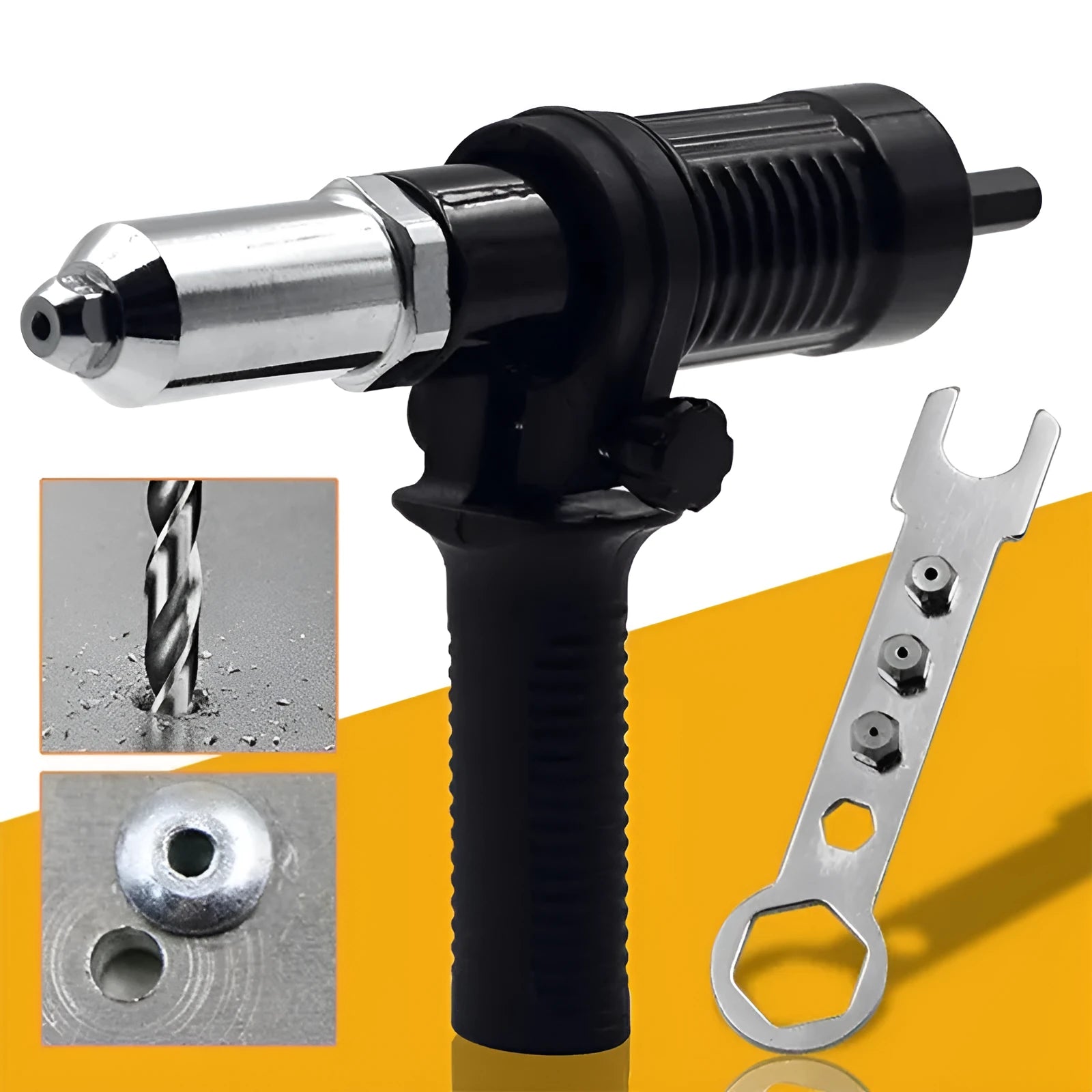 Black metal electric drill rivet gun attachment, 173mm long, with handle and four rivet heads.