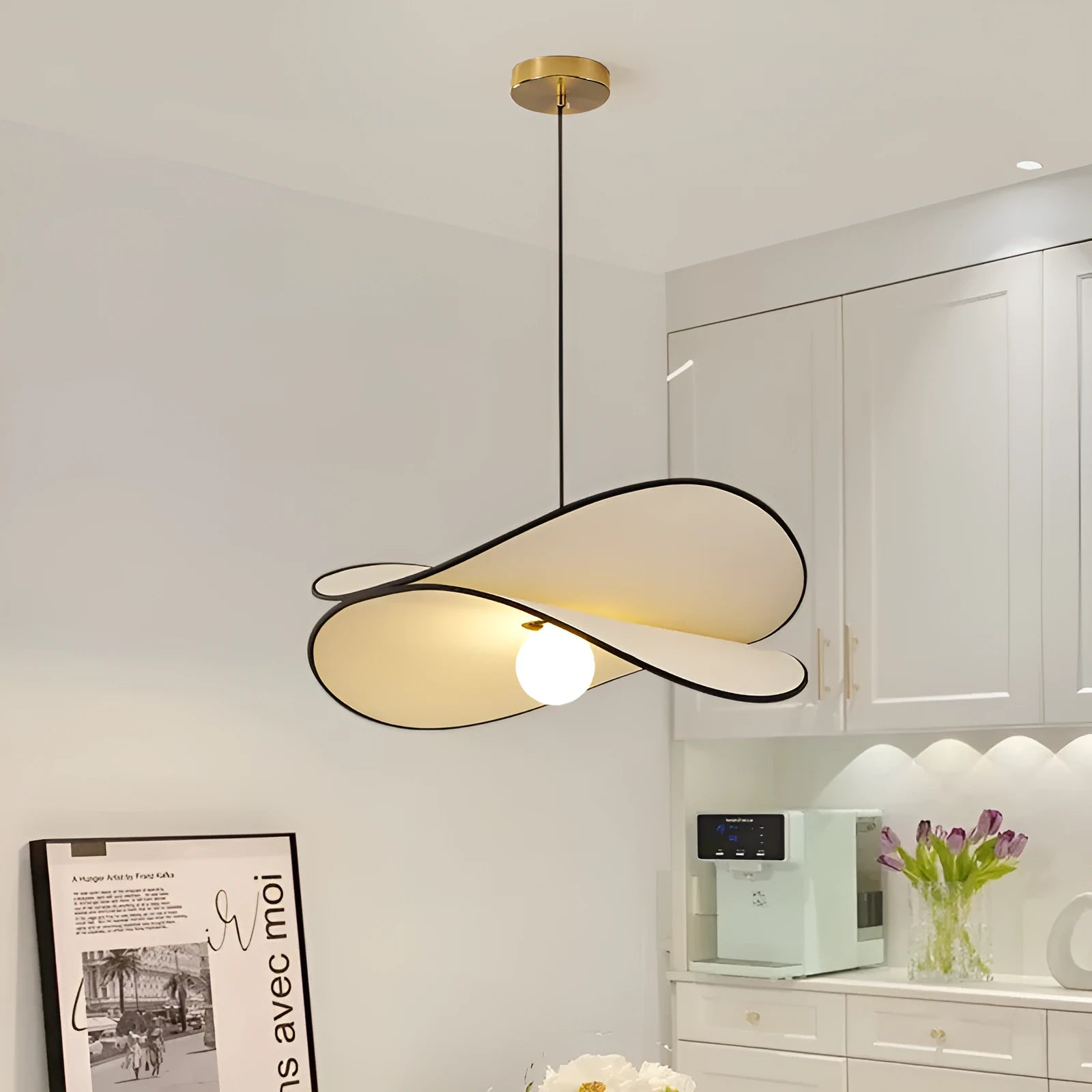 French artistic pendant light with textured fabric potato chip shade in modern simplicity style