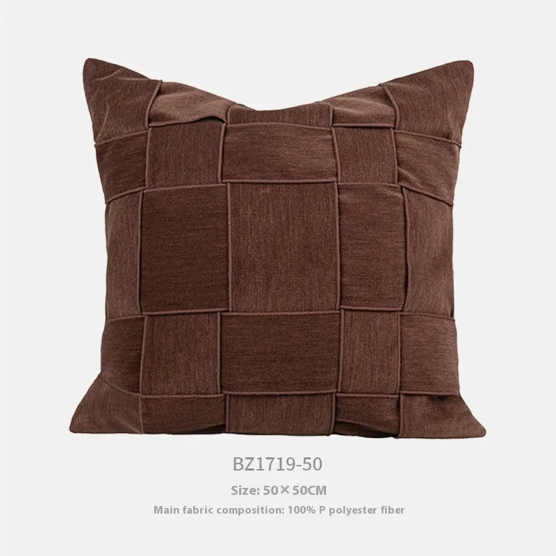 Square chenille woven cushion in beige colour showing textured surface