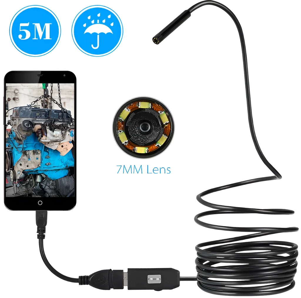 OWSOO USB endoscope camera with 5m cable, magnetic tip, hook, and side mirror for phone and PC inspection.