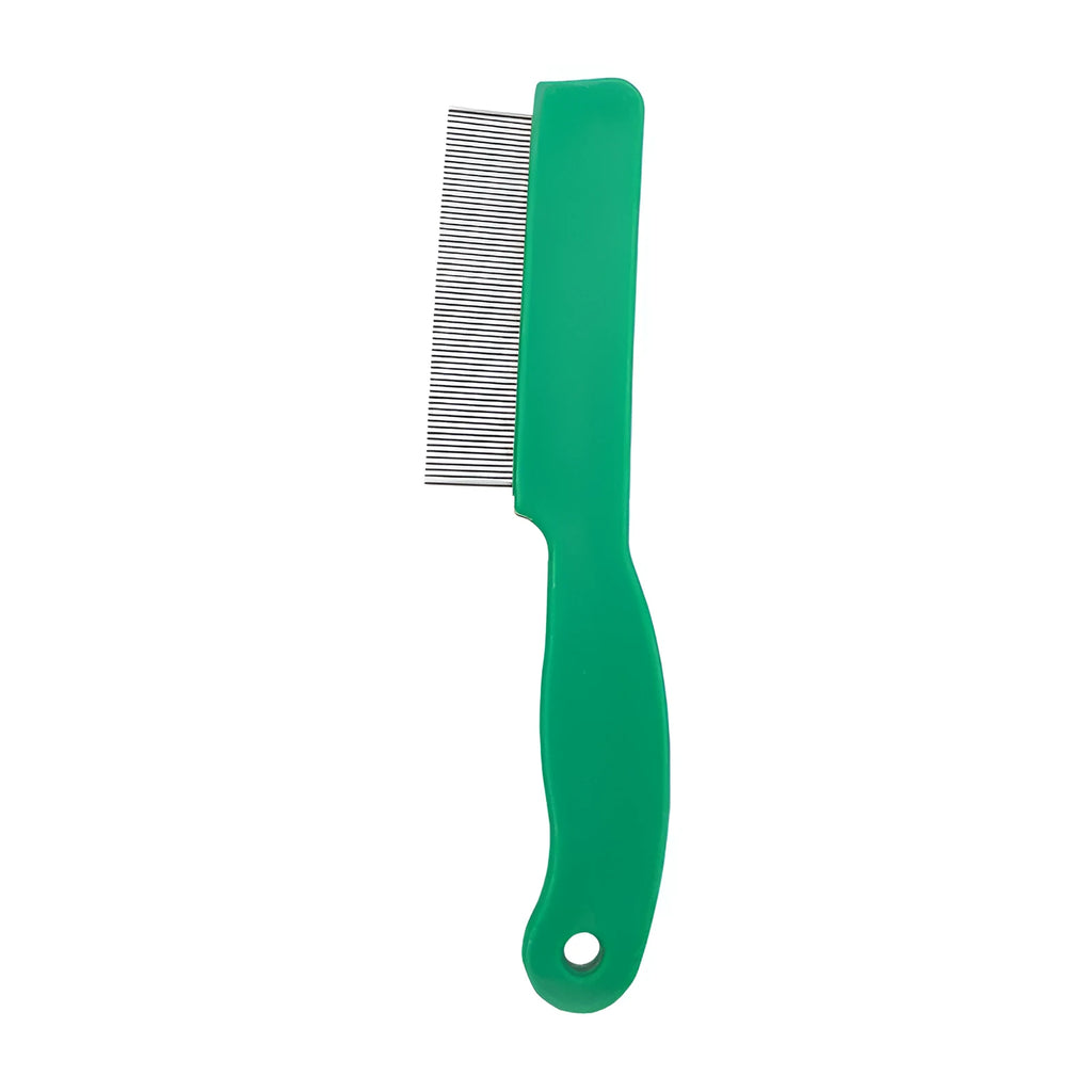 Green plastic handle stainless steel pet flea comb for dogs and cats on a plain background.