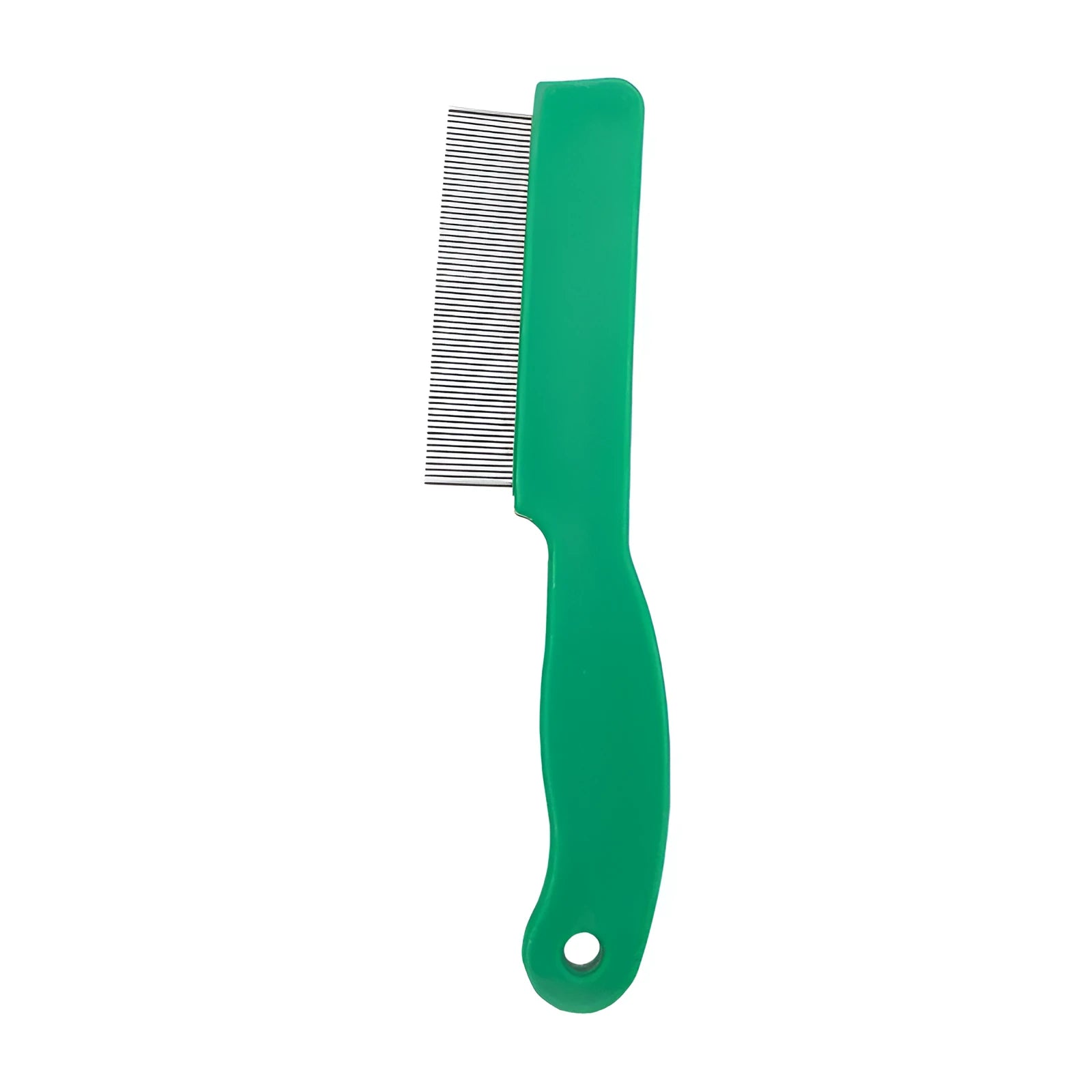 Green plastic handle stainless steel pet flea comb for dogs and cats on a plain background.