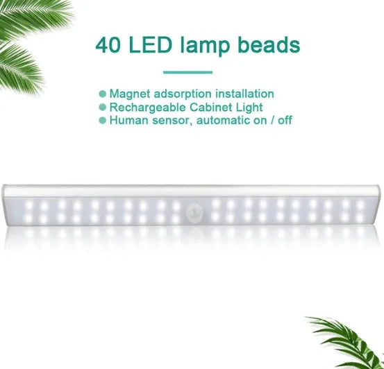 Rechargeable LED motion sensor strip light showing three size options for cabinet and stair lighting.