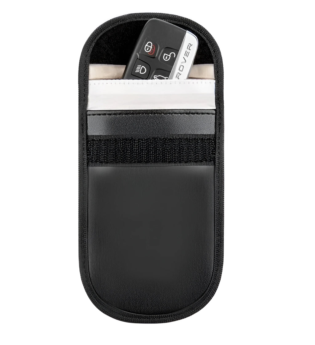 Black microfiber Faraday cage bag for blocking car key and phone signals, measuring 13.5 by 9.5 cm.