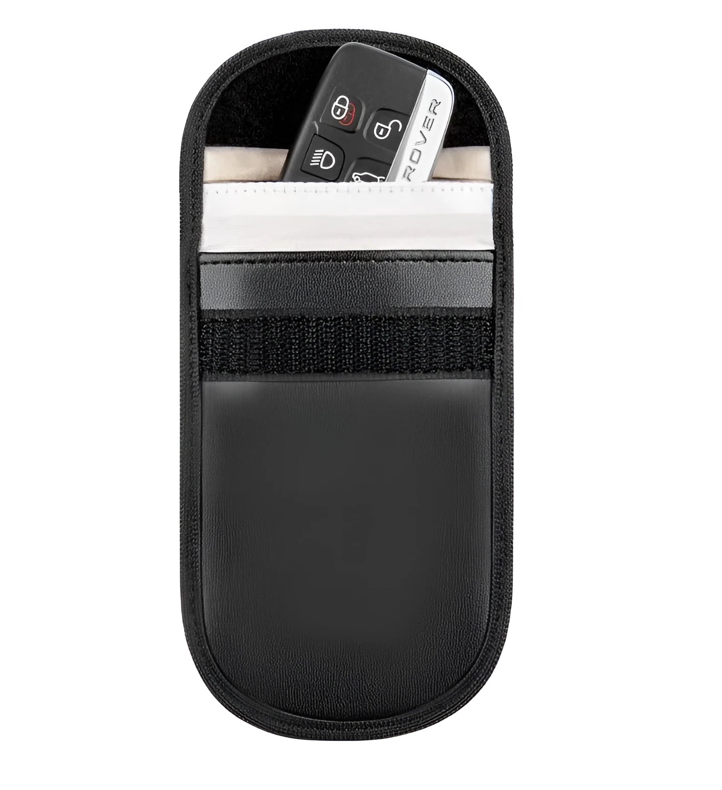 Black microfiber Faraday cage bag for blocking car key and phone signals, measuring 13.5 by 9.5 cm.