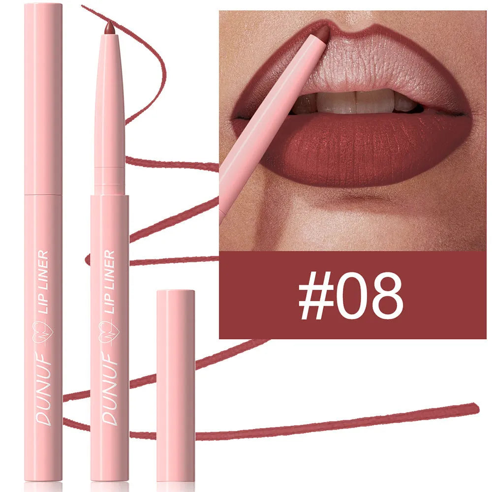 A Velvet Matte Lip Liner pencil shown alongside swatches of its twelve available colour shades.